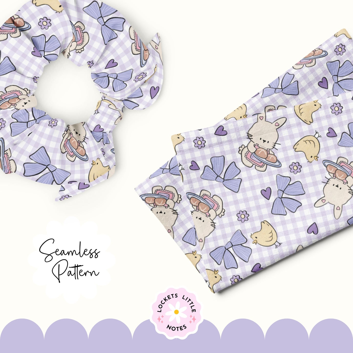 Seamless pattern with handdrawn bunny and chick, bows, and hearts on a checkered background. Gingham pattern. spring pastel pattern. digital paper. example fabric print