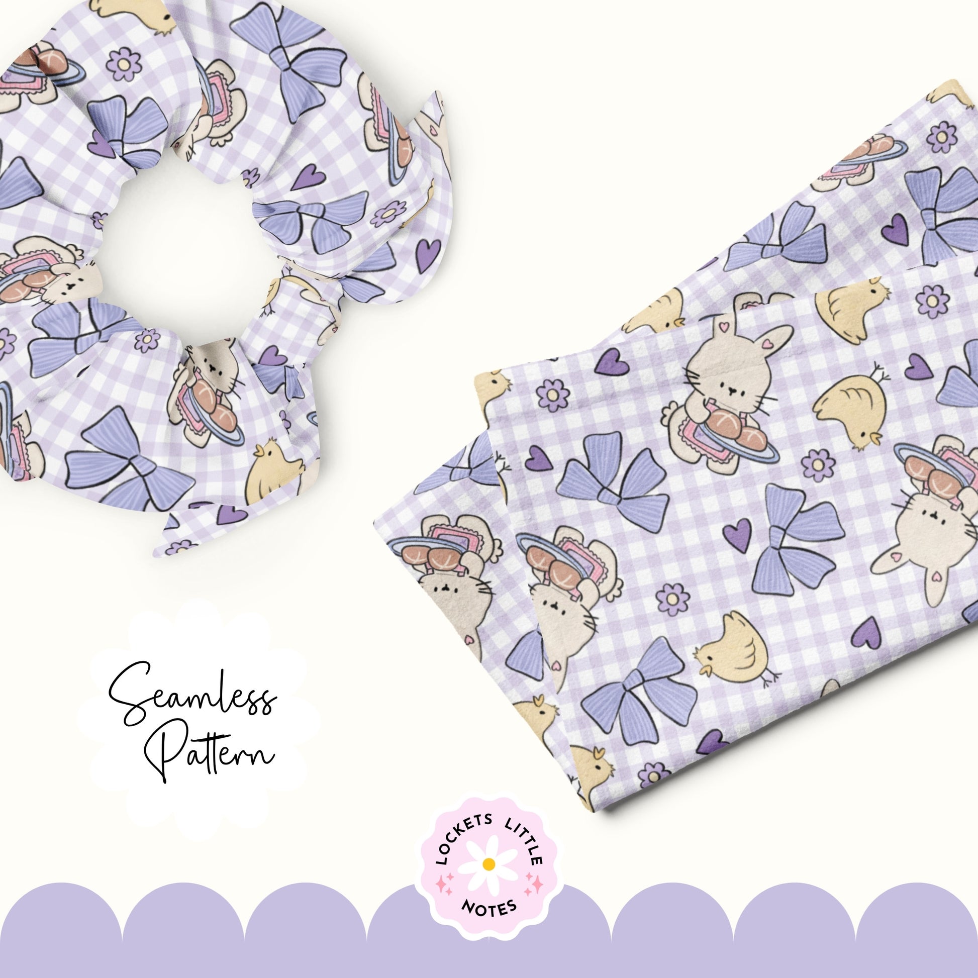 Seamless pattern with handdrawn bunny and chick, bows, and hearts on a checkered background. Gingham pattern. spring pastel pattern. digital paper. example fabric print