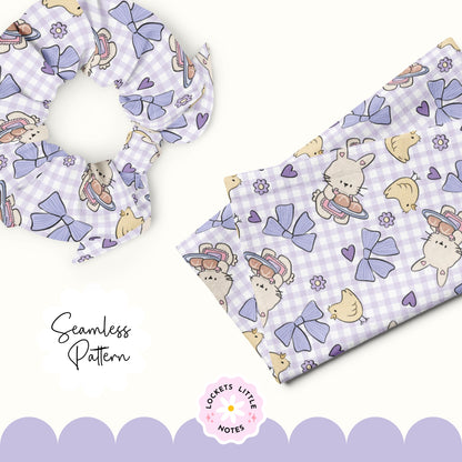 Seamless pattern with handdrawn bunny and chick, bows, and hearts on a checkered background. Gingham pattern. spring pastel pattern. digital paper. example fabric print