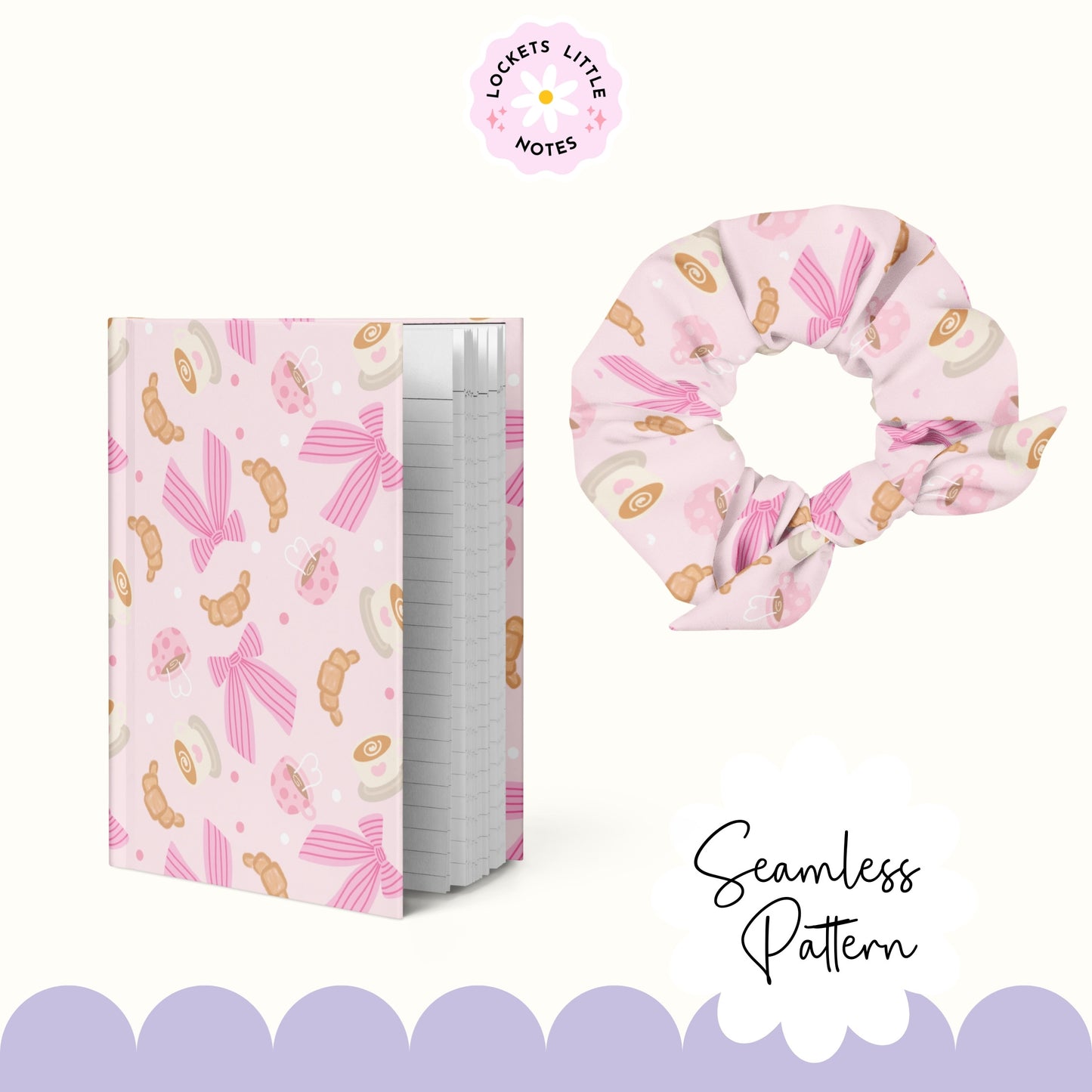 Seamless pattern featuring hand-illustrated coffee mugs with latte art, flaky golden croissants, and delicate pink-and-white striped bows on a soft pastel pink background.