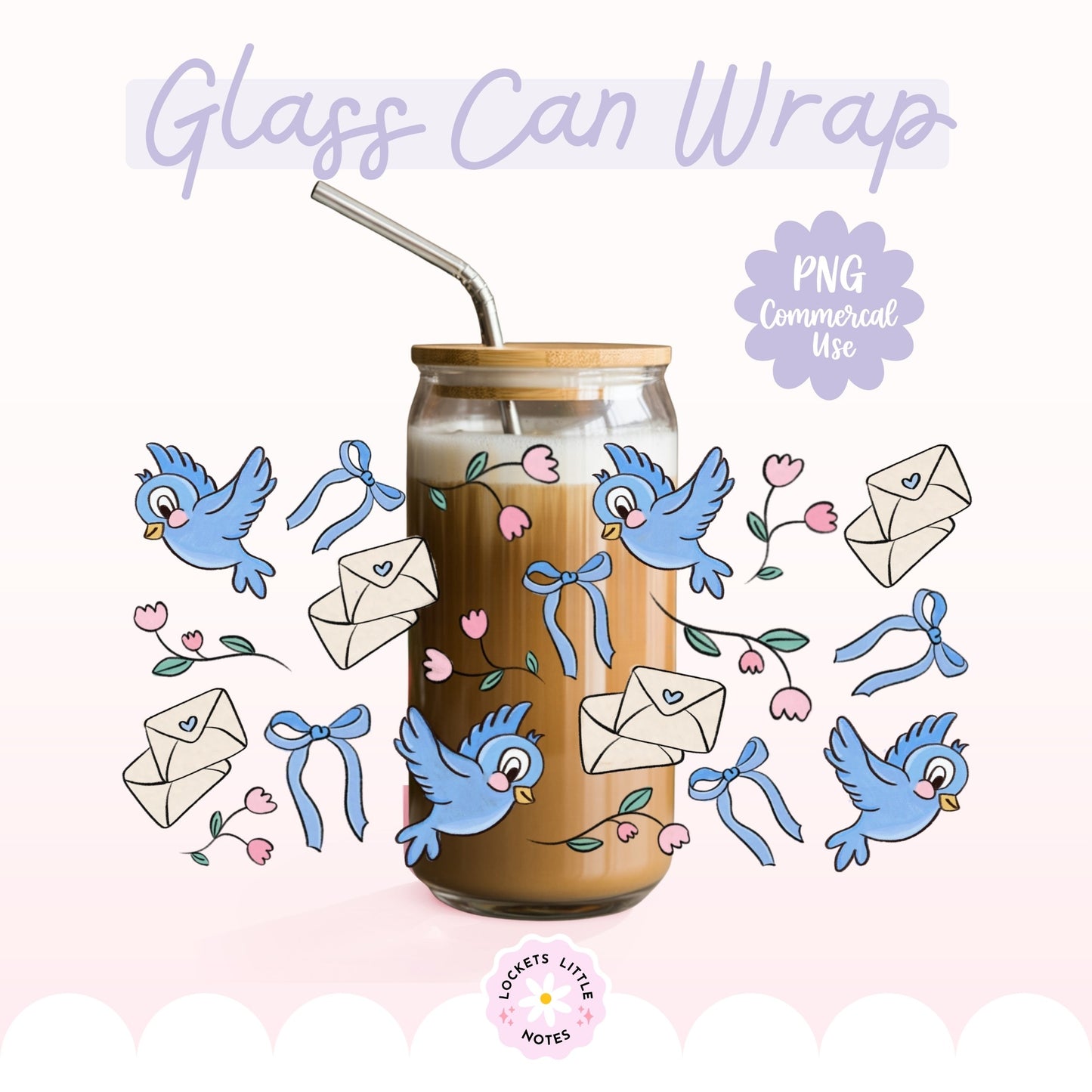 Fairytale Blue Bird Glass Can Wrap PNG, Coquette Ribbon & Rose Design, Floral Envelope 16oz Libbey tumbler, 2 Files POD, Digital Download