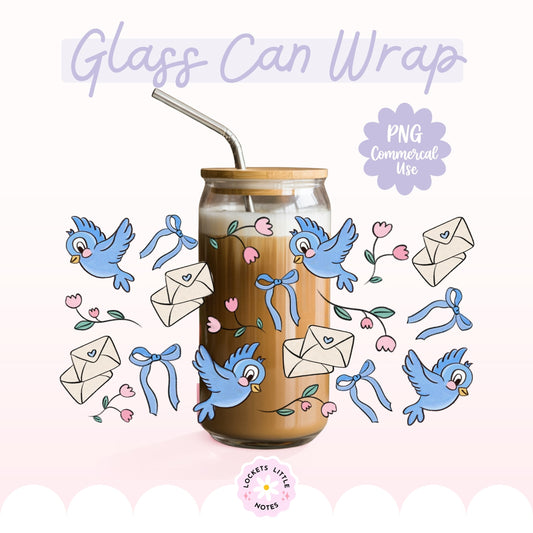 Fairytale Blue Bird Glass Can Wrap PNG, Coquette Ribbon & Rose Design, Floral Envelope 16oz Libbey tumbler, 2 Files POD, Digital Download