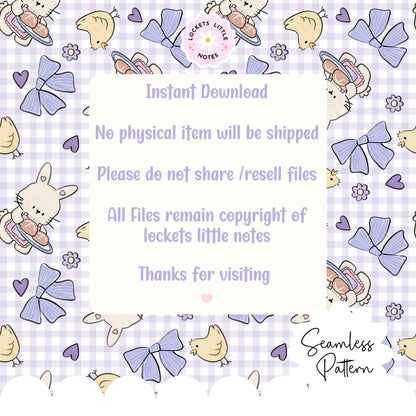 Seamless pattern with handdrawn bunny and chick, bows, and hearts on a checkered background. Gingham pattern. spring pastel pattern. digital paper