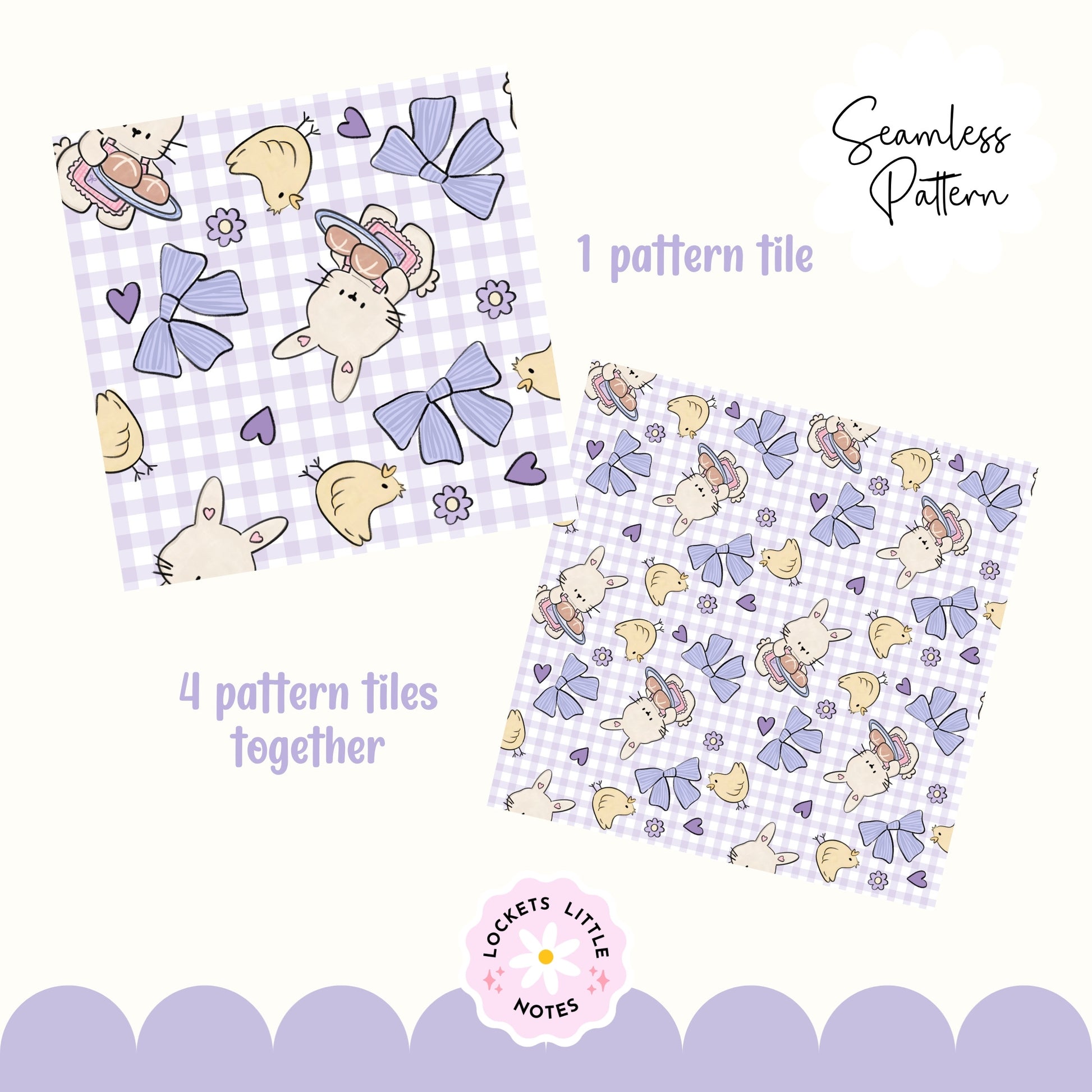 Seamless pattern with handdrawn bunny and chick, bows, and hearts on a checkered background. Gingham pattern. spring pastel pattern. digital paper