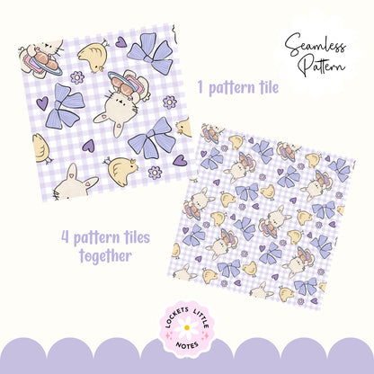 Seamless pattern with handdrawn bunny and chick, bows, and hearts on a checkered background. Gingham pattern. spring pastel pattern. digital paper