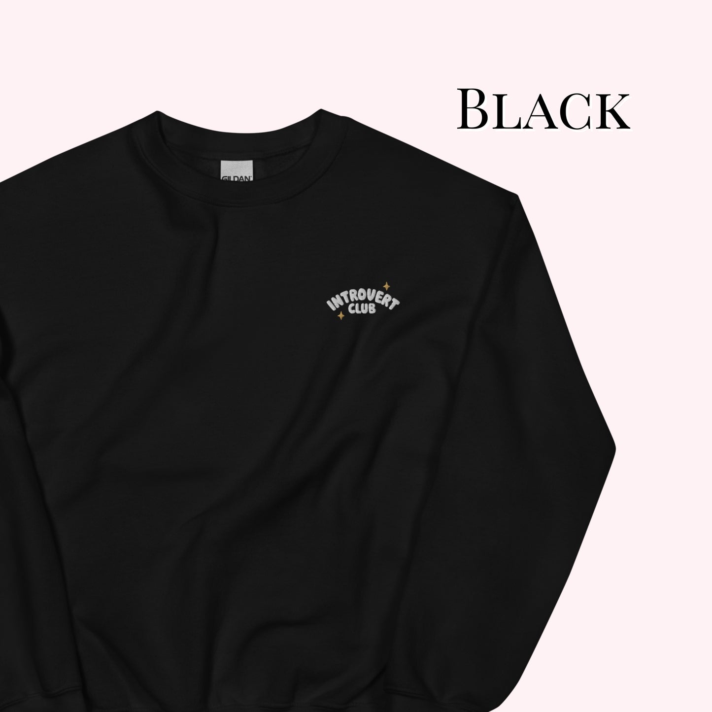Black sweatshirt with 'Introvert Club' text on a white background