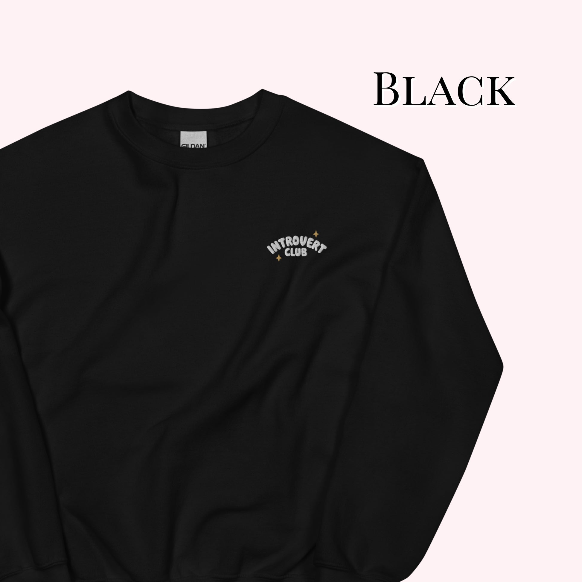 Black sweatshirt with 'Introvert Club' text on a white background