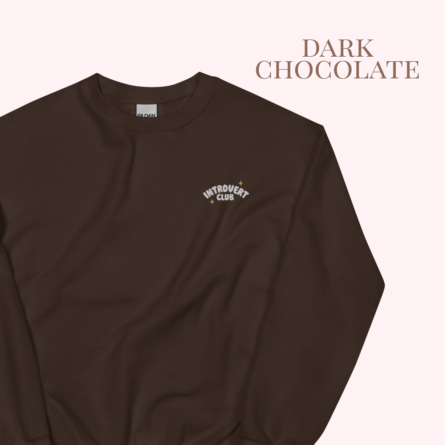 Dark chocolate sweatshirt with 'Introvert Club' logo on a white background