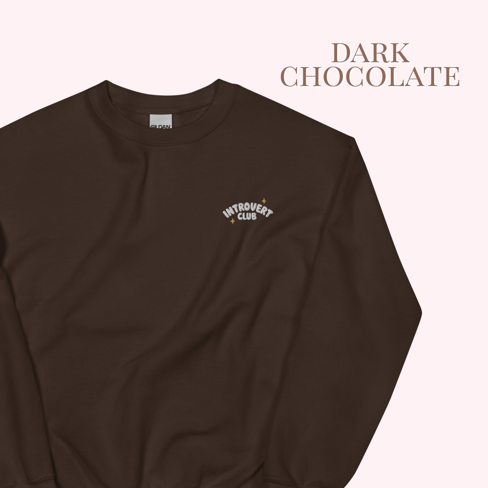 Dark chocolate sweatshirt with 'Introvert Club' logo on a white background