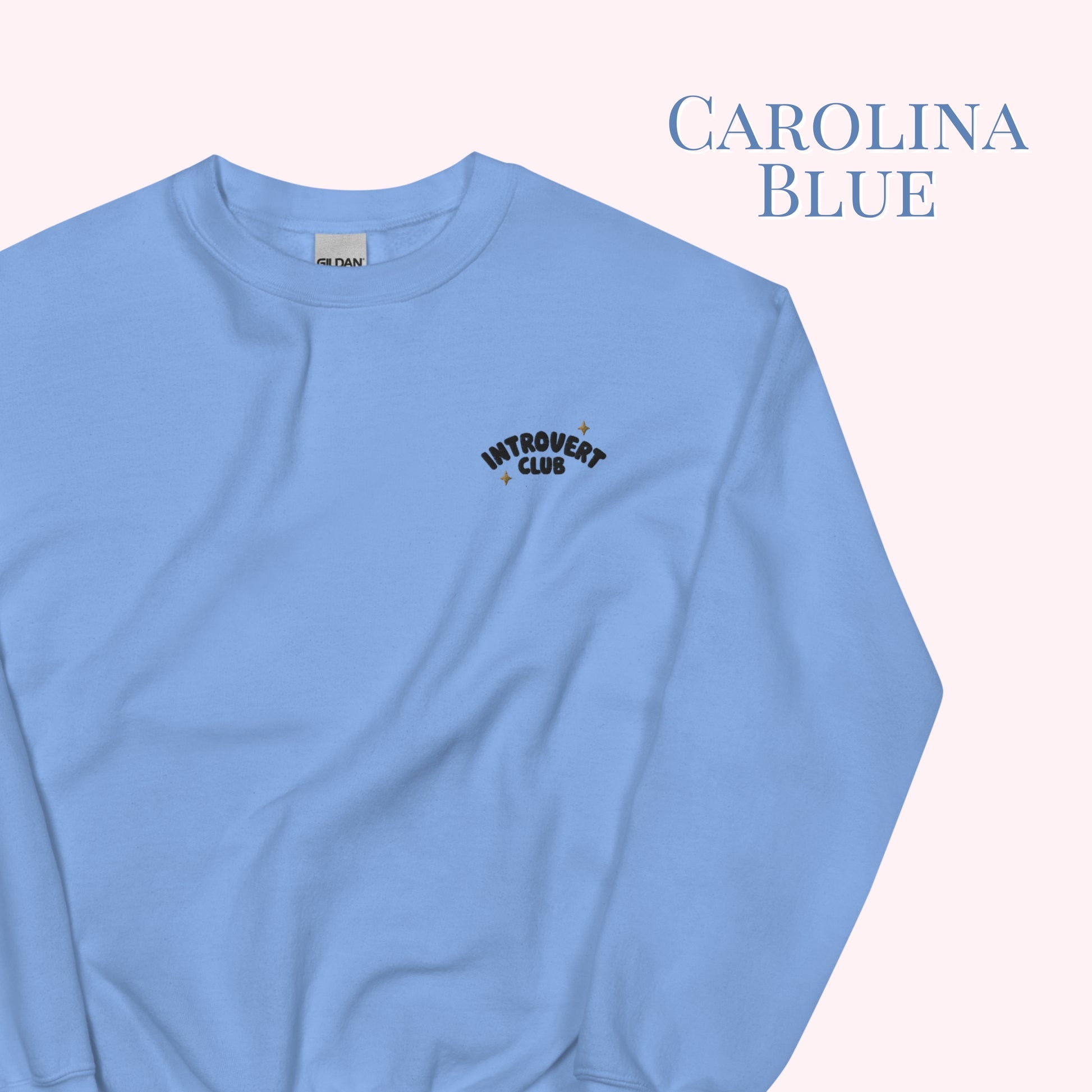 Light blue sweatshirt with 'Introvert Club' text on a white background
