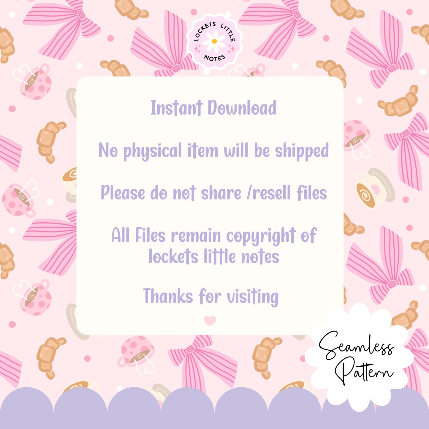 Seamless pattern featuring hand-illustrated coffee mugs with latte art, flaky golden croissants, and delicate pink-and-white striped bows on a soft pastel pink background.
