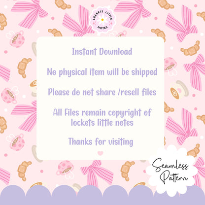 Seamless pattern featuring hand-illustrated coffee mugs with latte art, flaky golden croissants, and delicate pink-and-white striped bows on a soft pastel pink background.
