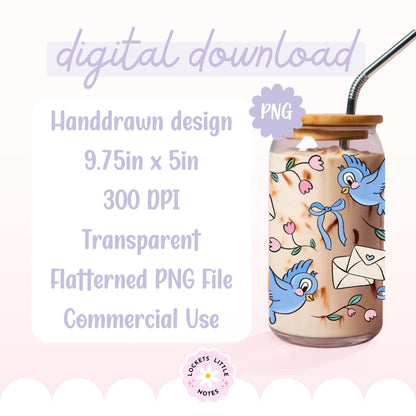 Fairytale Blue Bird Glass Can Wrap PNG, Coquette Ribbon & Rose Design, Floral Envelope 16oz Libbey tumbler, 2 Files POD, Digital Download