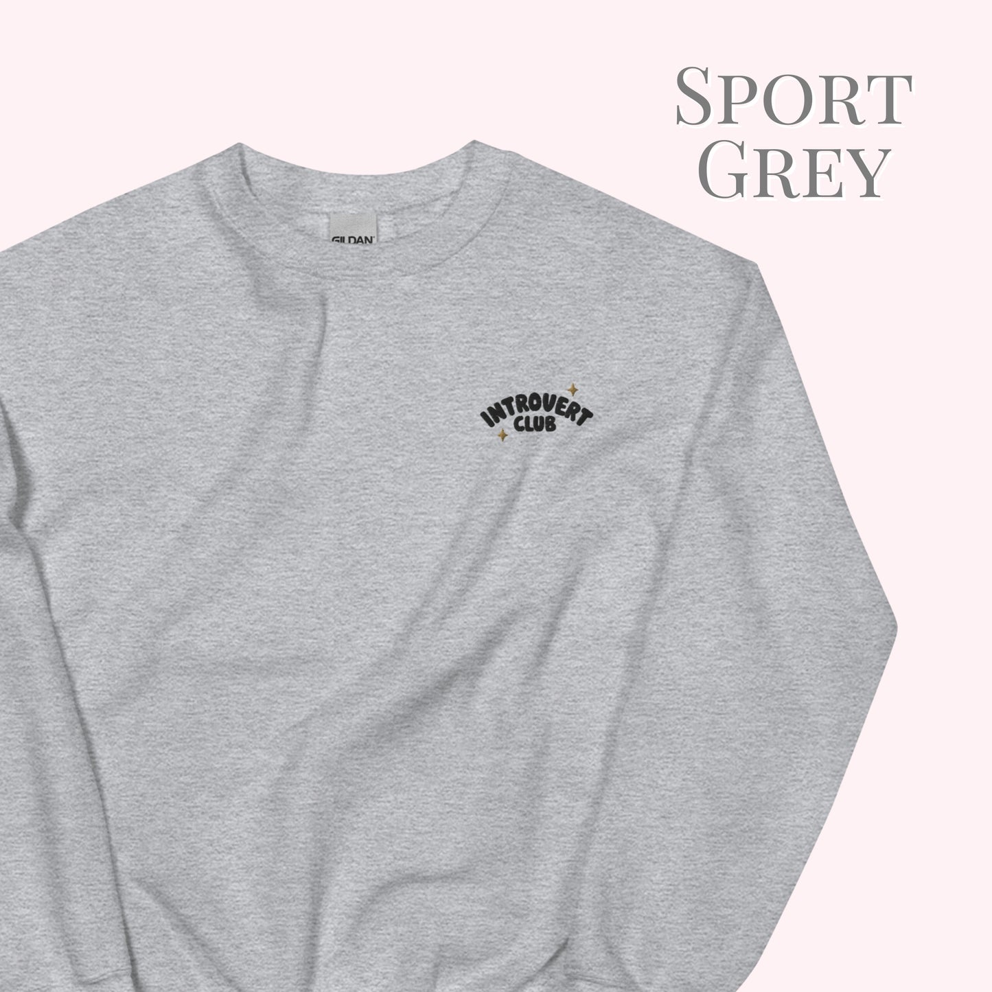 Grey sweatshirt with 'Introvert Club' text on a white background