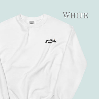 White jumper sweatshirt with 'Introvert Club' text on a light blue background