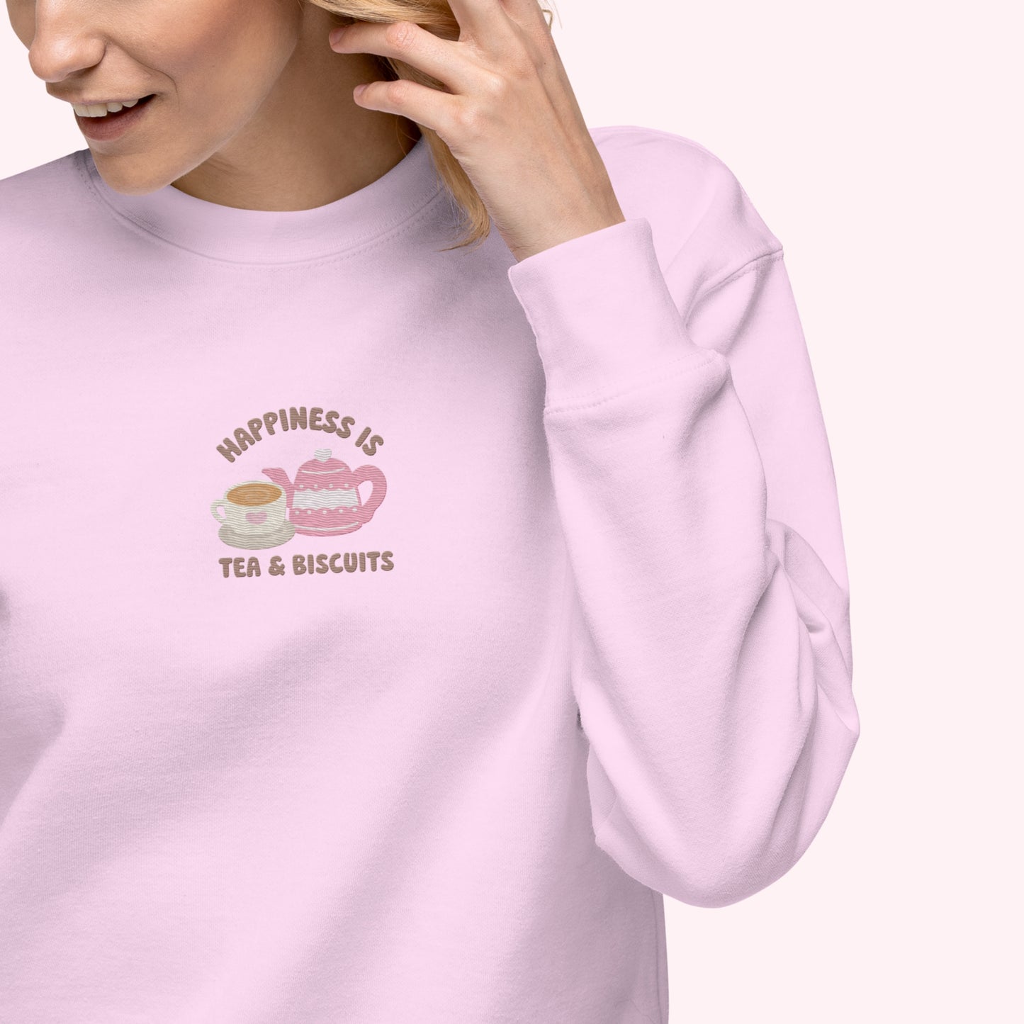 Happiness Is Tea & Biscuits Embroidered Sweater.