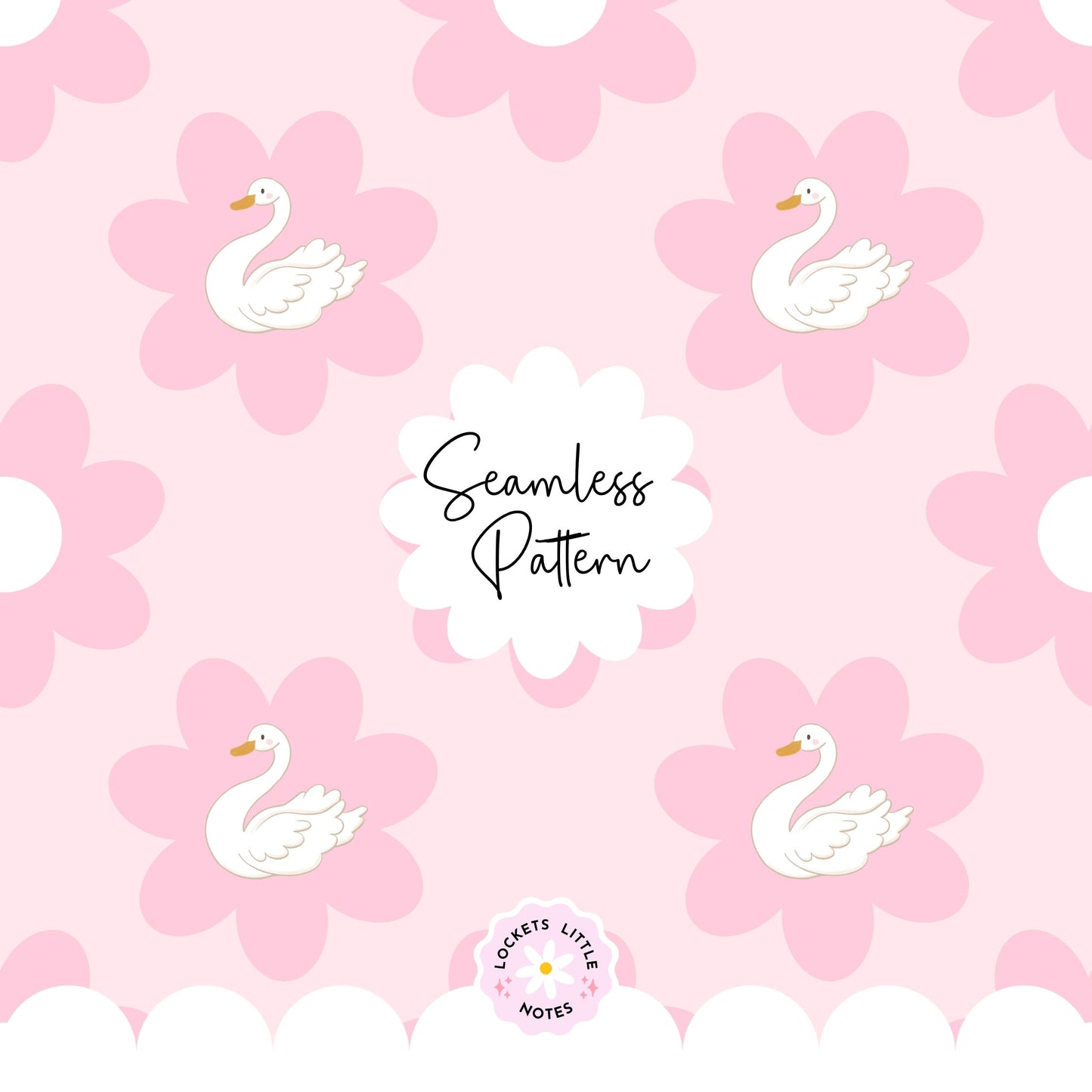 Seamless Pattern design of pink flowers with white swans on a pink background, featuring the brand 'Lockets Little Notes'.