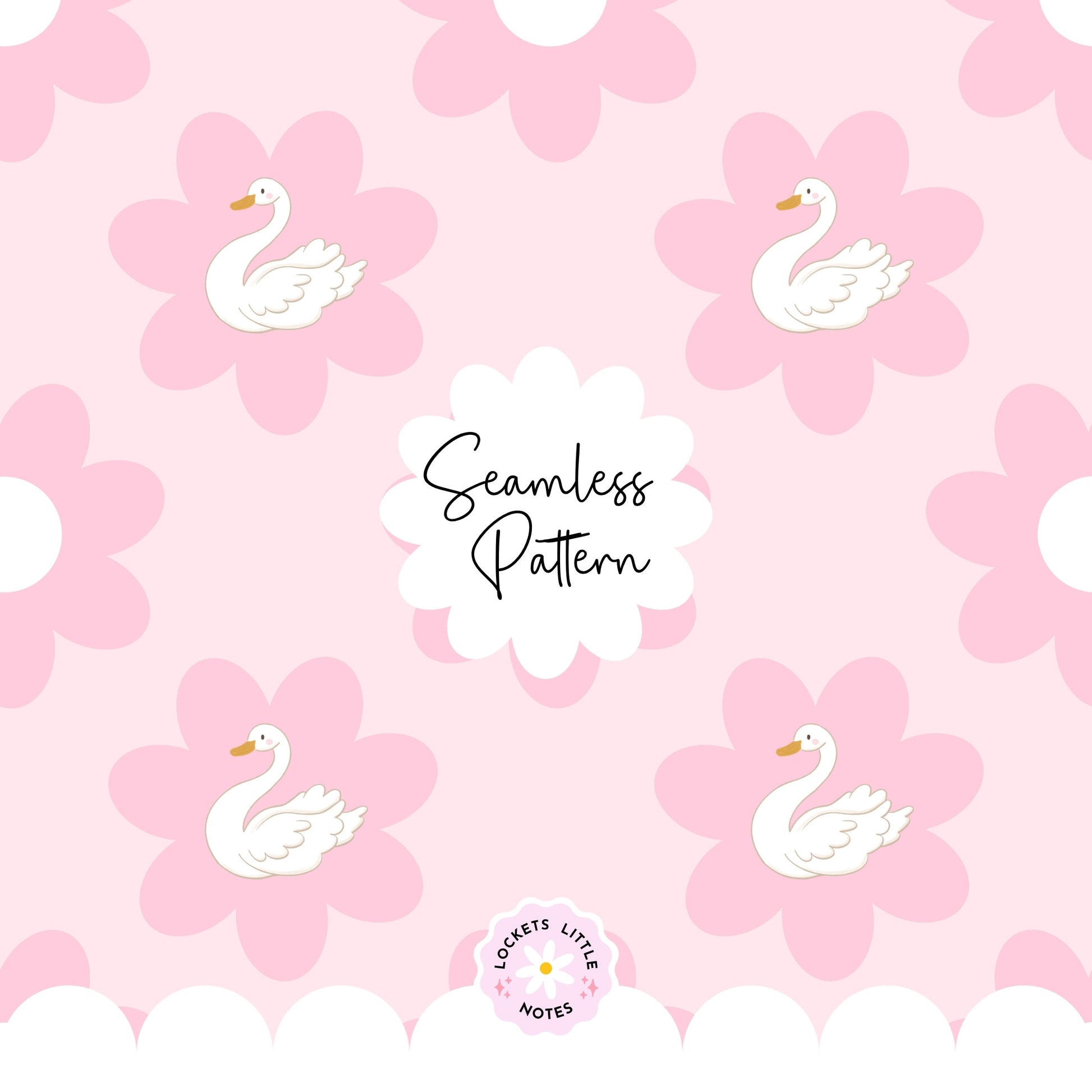 Seamless Pattern design of pink flowers with white swans on a pink background, featuring the brand 'Lockets Little Notes'.