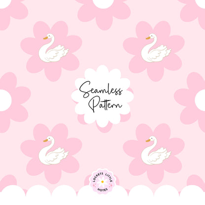 Seamless Pattern design of pink flowers with white swans on a pink background, featuring the brand 'Lockets Little Notes'.