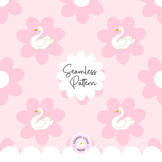 Seamless Pattern design of pink flowers with white swans on a pink background, featuring the brand 'Lockets Little Notes'.