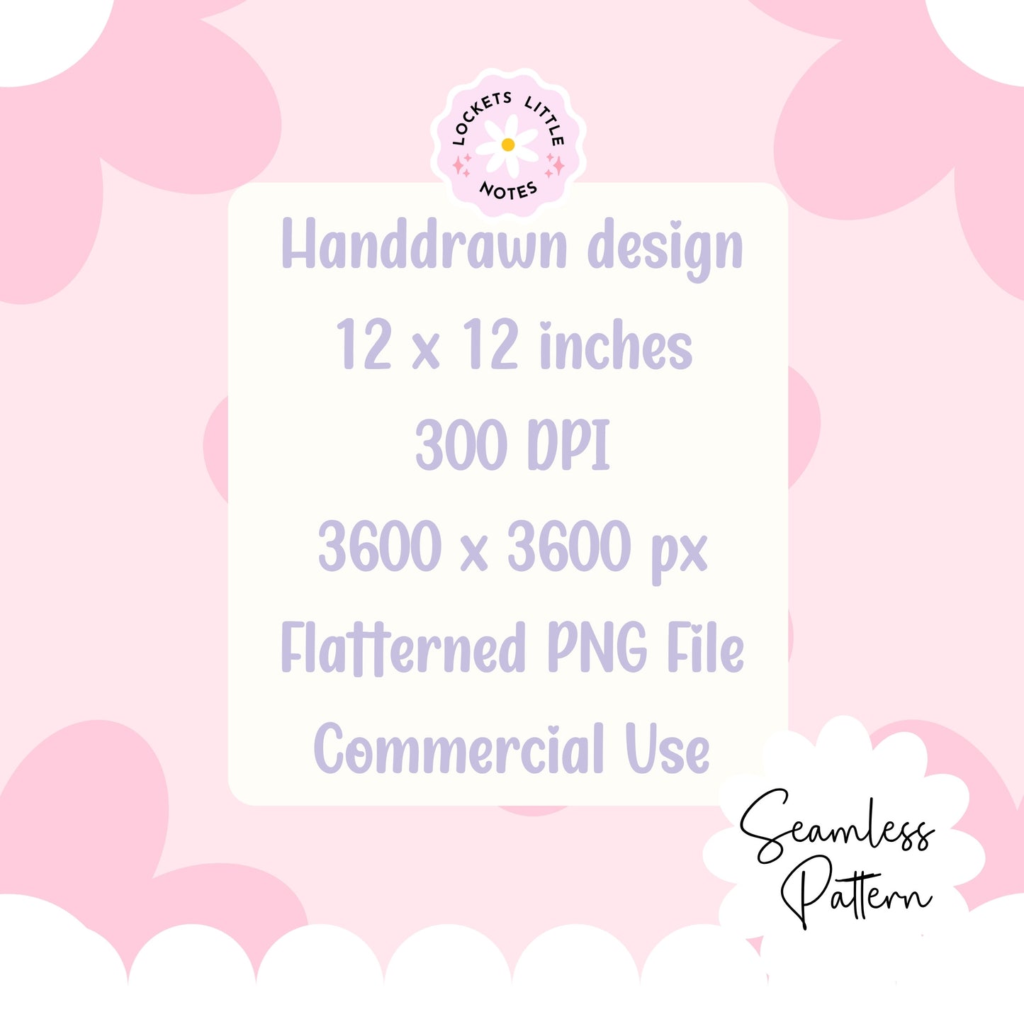 Handdrawn design with text about dimensions, DPI, resolution, file type, and usage on a pink heart patterned background. Seamless Pattern design of pink flowers with white swans on a pink background, featuring the brand 'Lockets Little Notes'.