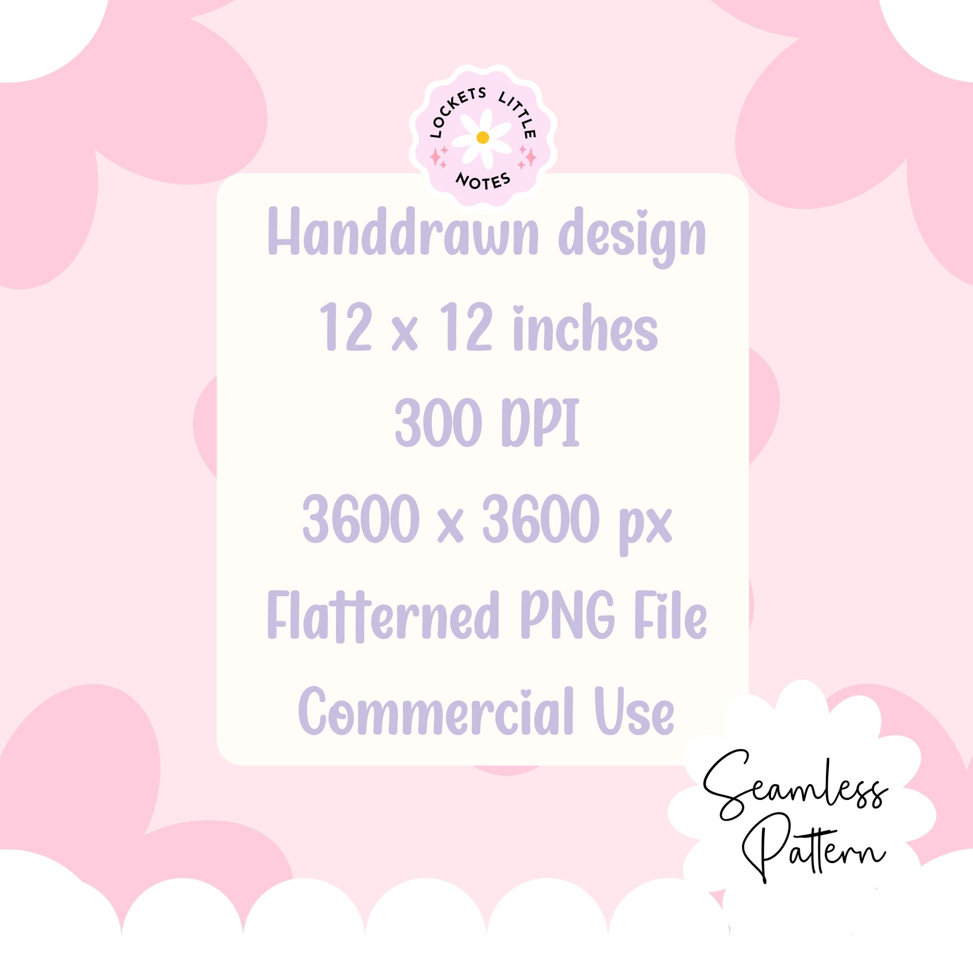 Handdrawn design with text about dimensions, DPI, resolution, file type, and usage on a pink heart patterned background. Seamless Pattern design of pink flowers with white swans on a pink background, featuring the brand 'Lockets Little Notes'.