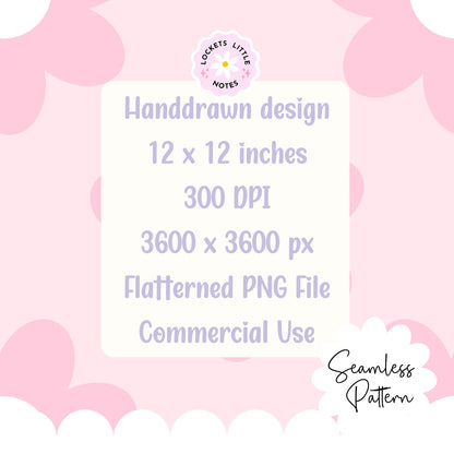 Handdrawn design with text about dimensions, DPI, resolution, file type, and usage on a pink heart patterned background. Seamless Pattern design of pink flowers with white swans on a pink background, featuring the brand 'Lockets Little Notes'.