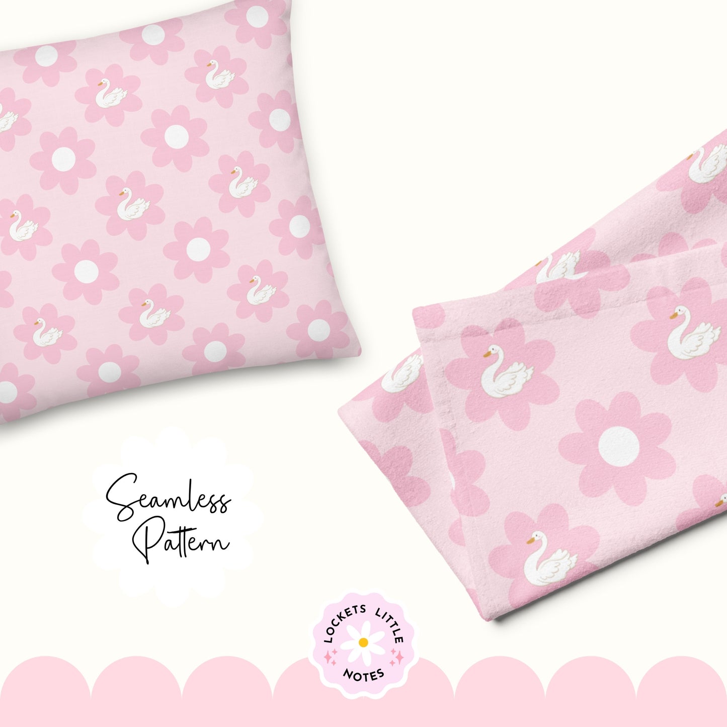 Pink fabric with swan and flower pattern on a white background. Seamless Pattern design of pink flowers with white swans on a pink background, featuring the brand 'Lockets Little Notes'.