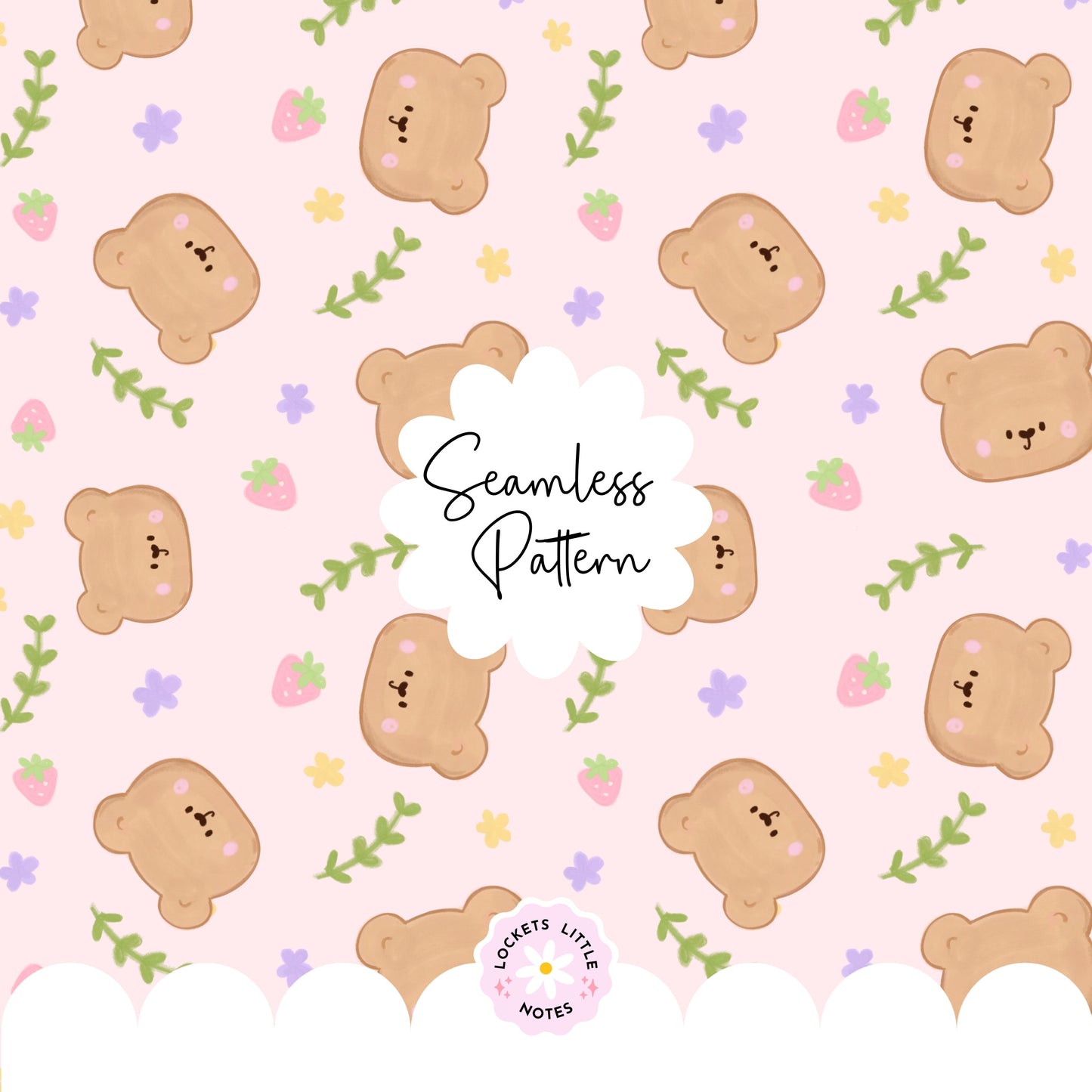 Whimsical Bear Seamless Pattern, Woodland Strawberry Floral (Digital Download)