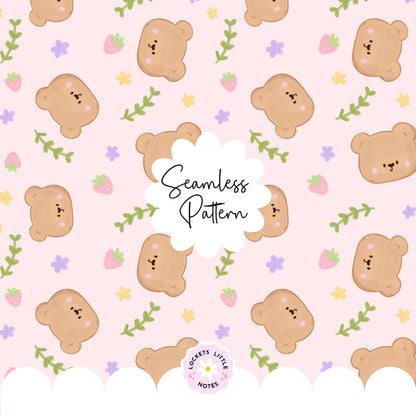Whimsical Bear Seamless Pattern, Woodland Strawberry Floral (Digital Download)