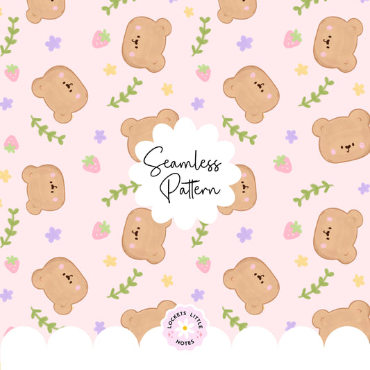 Whimsical Bear Seamless Pattern, Woodland Strawberry Floral (Digital Download)