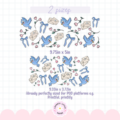 Fairytale Blue Bird Glass Can Wrap PNG, Coquette Ribbon & Rose Design, Floral Envelope 16oz Libbey tumbler, 2 Files POD, Digital Download