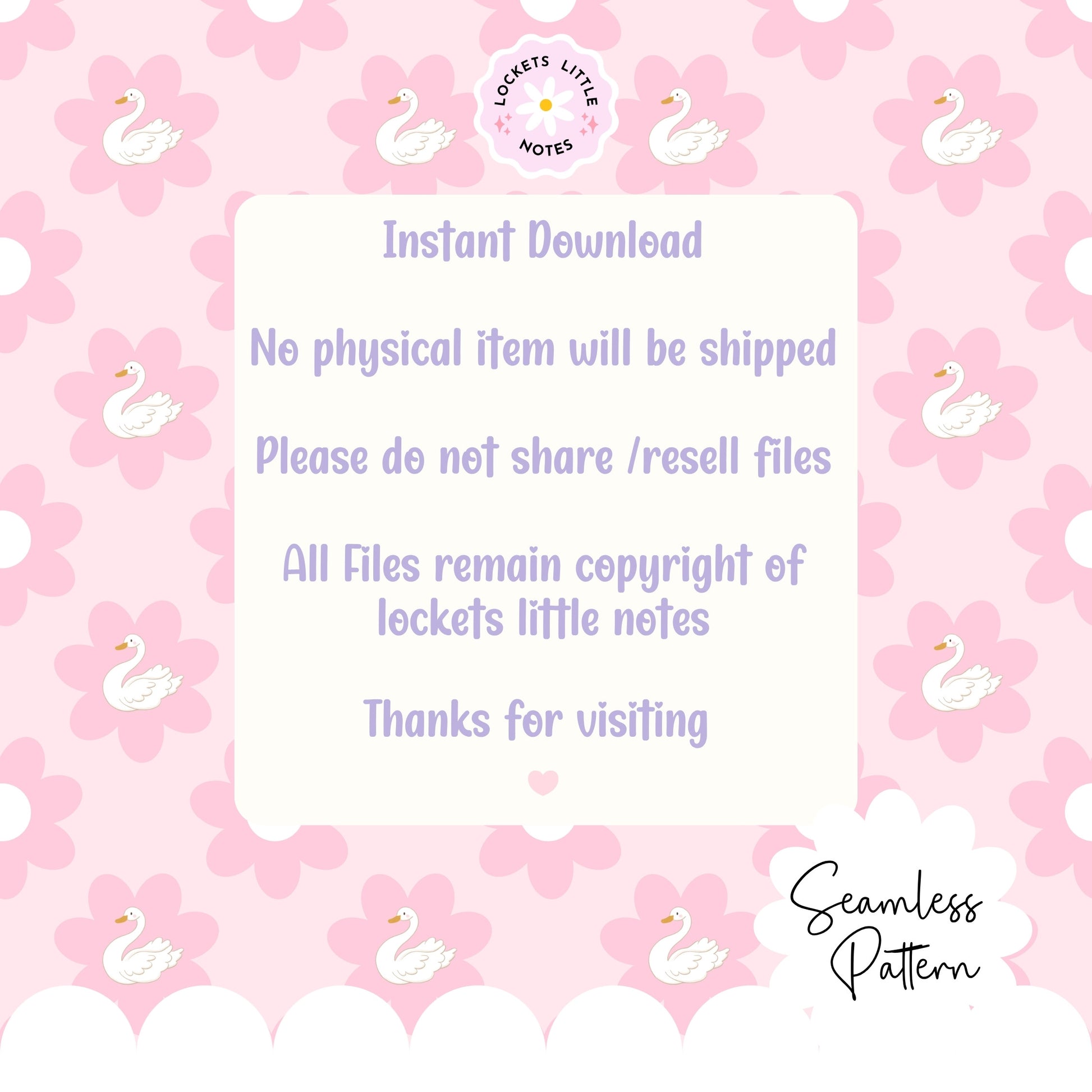 Seamless Pattern design of pink flowers with white swans on a pink background, featuring the brand 'Lockets Little Notes'.