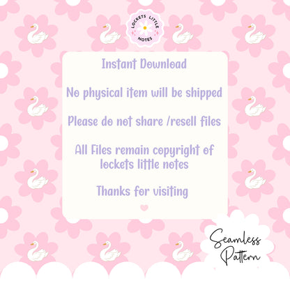 Seamless Pattern design of pink flowers with white swans on a pink background, featuring the brand 'Lockets Little Notes'.