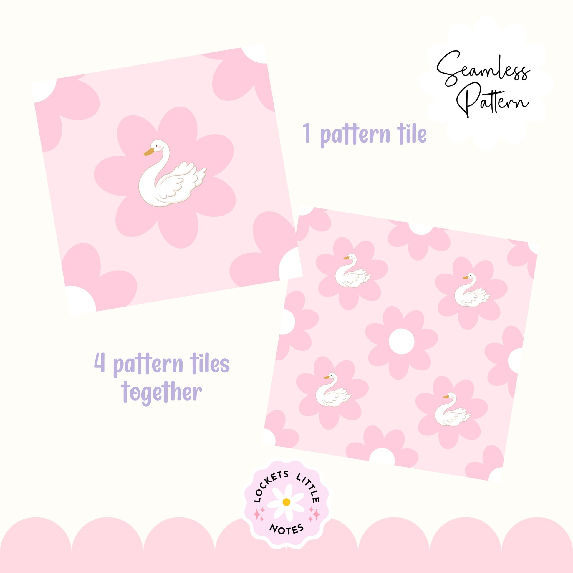 Pink pattern tiles with swan design and 'Lockers Little Notes' branding. Seamless Pattern design of pink flowers with white swans on a pink background, featuring the brand 'Lockets Little Notes'.