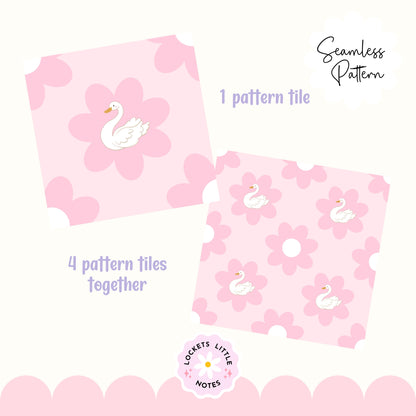 Pink pattern tiles with swan design and 'Lockers Little Notes' branding. Seamless Pattern design of pink flowers with white swans on a pink background, featuring the brand 'Lockets Little Notes'.