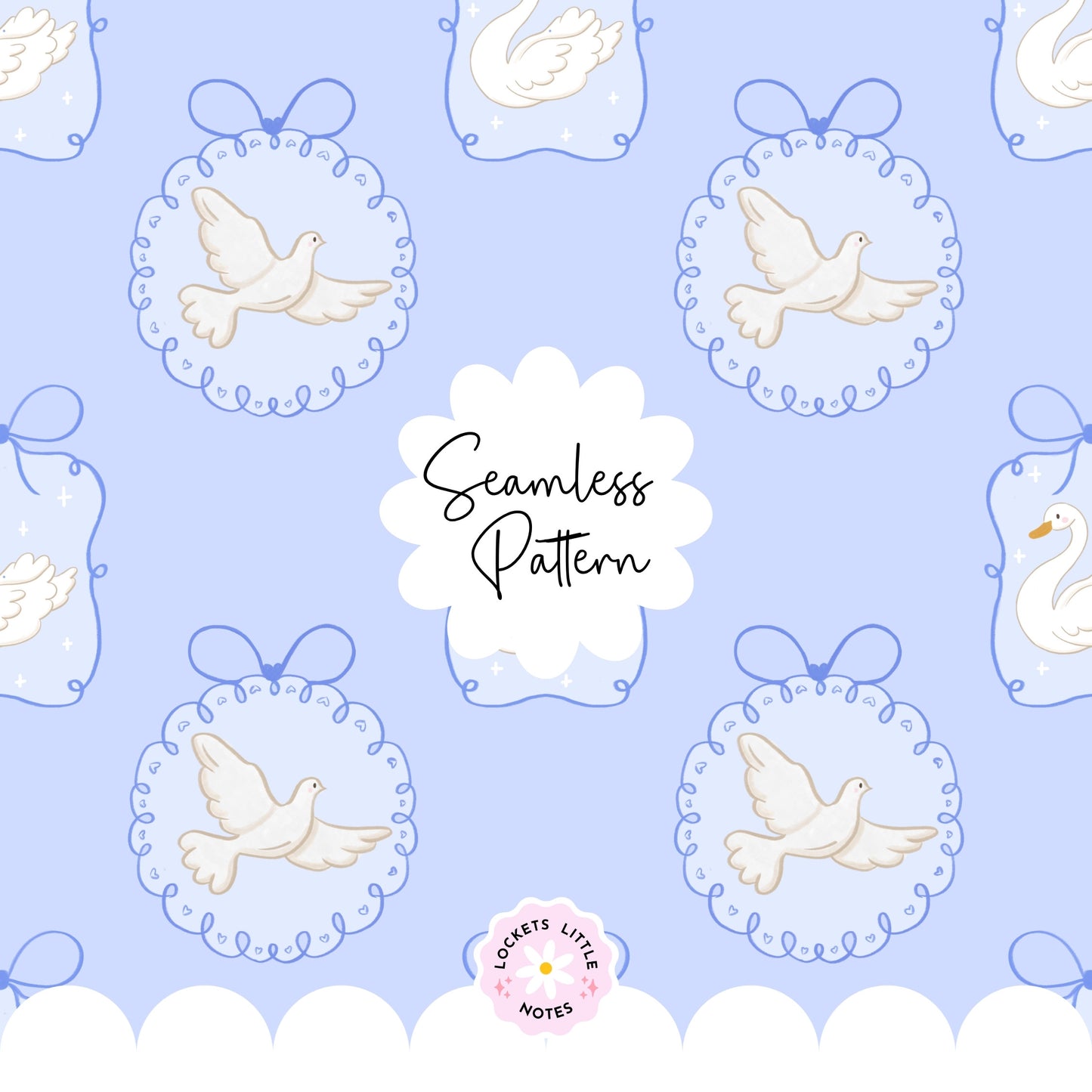 Seamless pattern with doves and swans on a light blue background, featuring the brand 'Lockets Little Notes'. Coquette pattern with bows