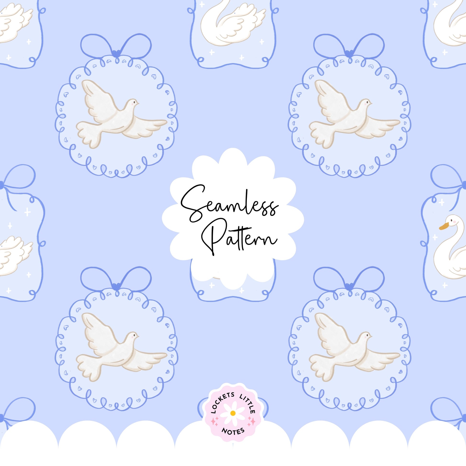 Seamless pattern with doves and swans on a light blue background, featuring the brand 'Lockets Little Notes'. Coquette pattern with bows