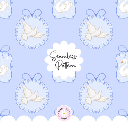 Seamless pattern with doves and swans on a light blue background, featuring the brand 'Lockets Little Notes'. Coquette pattern with bows