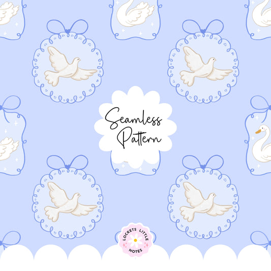 Seamless pattern with doves and swans on a light blue background, featuring the brand 'Lockets Little Notes'. Coquette pattern with bows