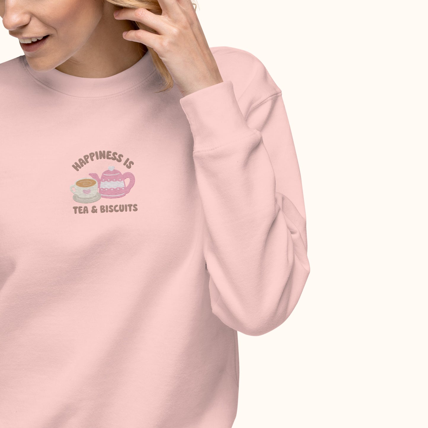 Happiness Is Tea & Biscuits Embroidered Sweater.
