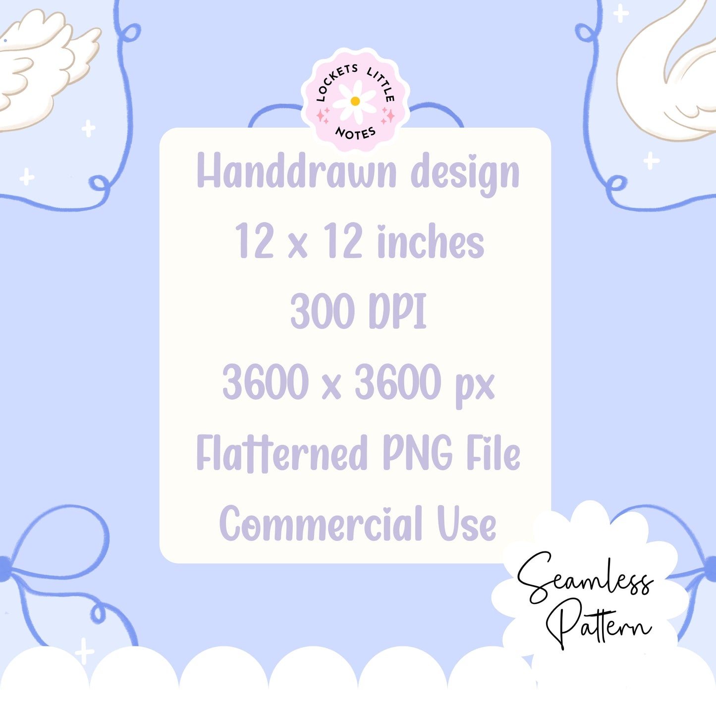 Handdrawn design specifications on a light blue background with decorative elements. Seamless pattern with doves and swans on a light blue background, featuring the brand 'Lockets Little Notes'. Coquette pattern with bows