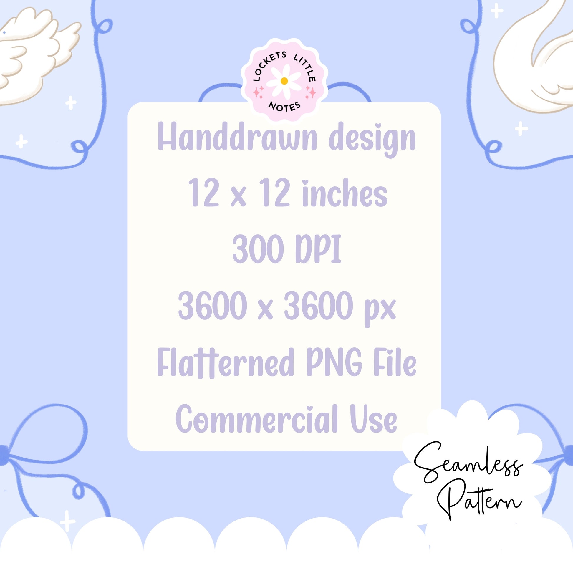 Handdrawn design specifications on a light blue background with decorative elements. Seamless pattern with doves and swans on a light blue background, featuring the brand 'Lockets Little Notes'. Coquette pattern with bows