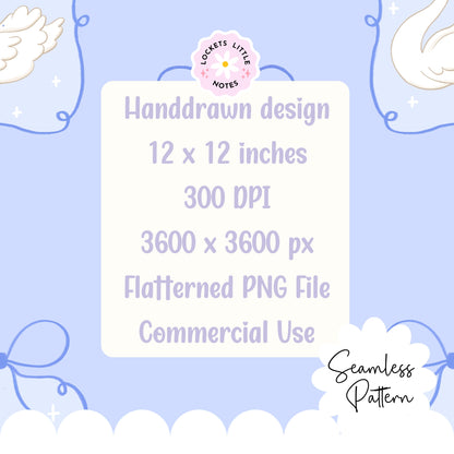 Handdrawn design specifications on a light blue background with decorative elements. Seamless pattern with doves and swans on a light blue background, featuring the brand 'Lockets Little Notes'. Coquette pattern with bows