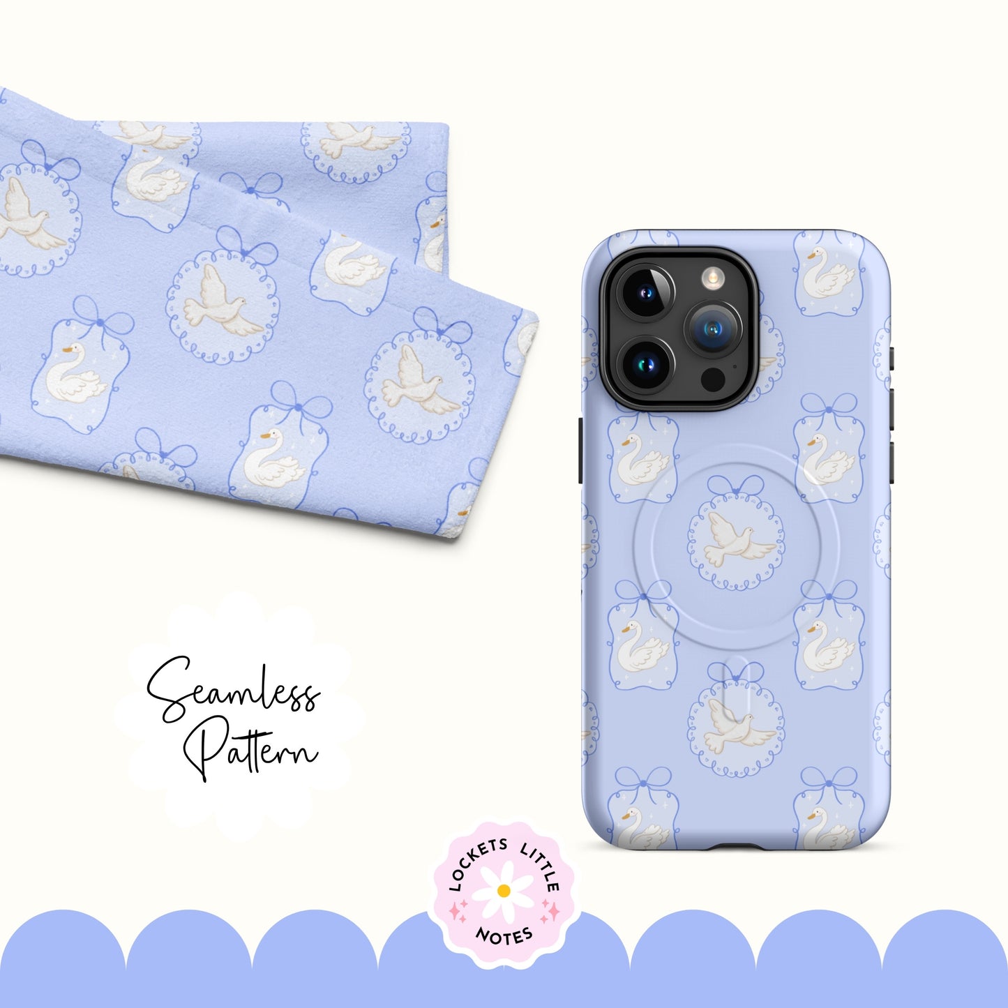 Phone case with swan pattern on a light blue background. Seamless pattern with doves and swans on a light blue background, featuring the brand 'Lockets Little Notes'. Coquette pattern with bows