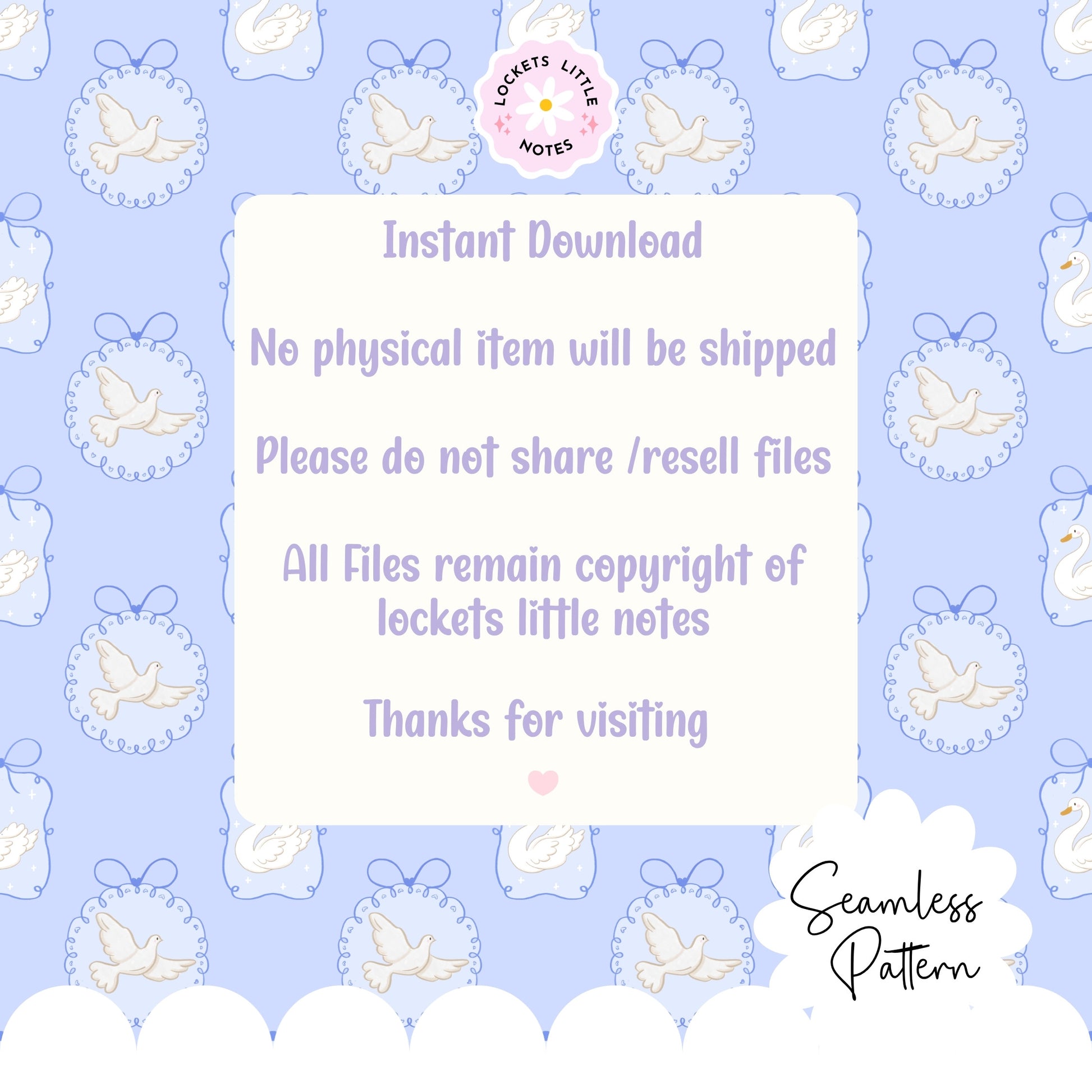 Patterned background with doves and text overlay on a light blue background. Seamless pattern with doves and swans on a light blue background, featuring the brand 'Lockets Little Notes'. Coquette pattern with bows