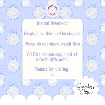 Patterned background with doves and text overlay on a light blue background. Seamless pattern with doves and swans on a light blue background, featuring the brand 'Lockets Little Notes'. Coquette pattern with bows
