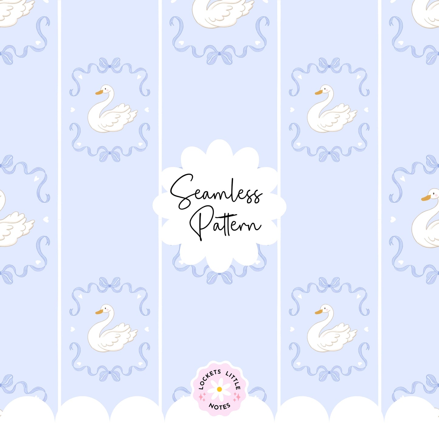 High-resolution seamless pattern featuring blue fairy tale bows and white swans on a light blue and white pinstripe background. Lockets Little Notes