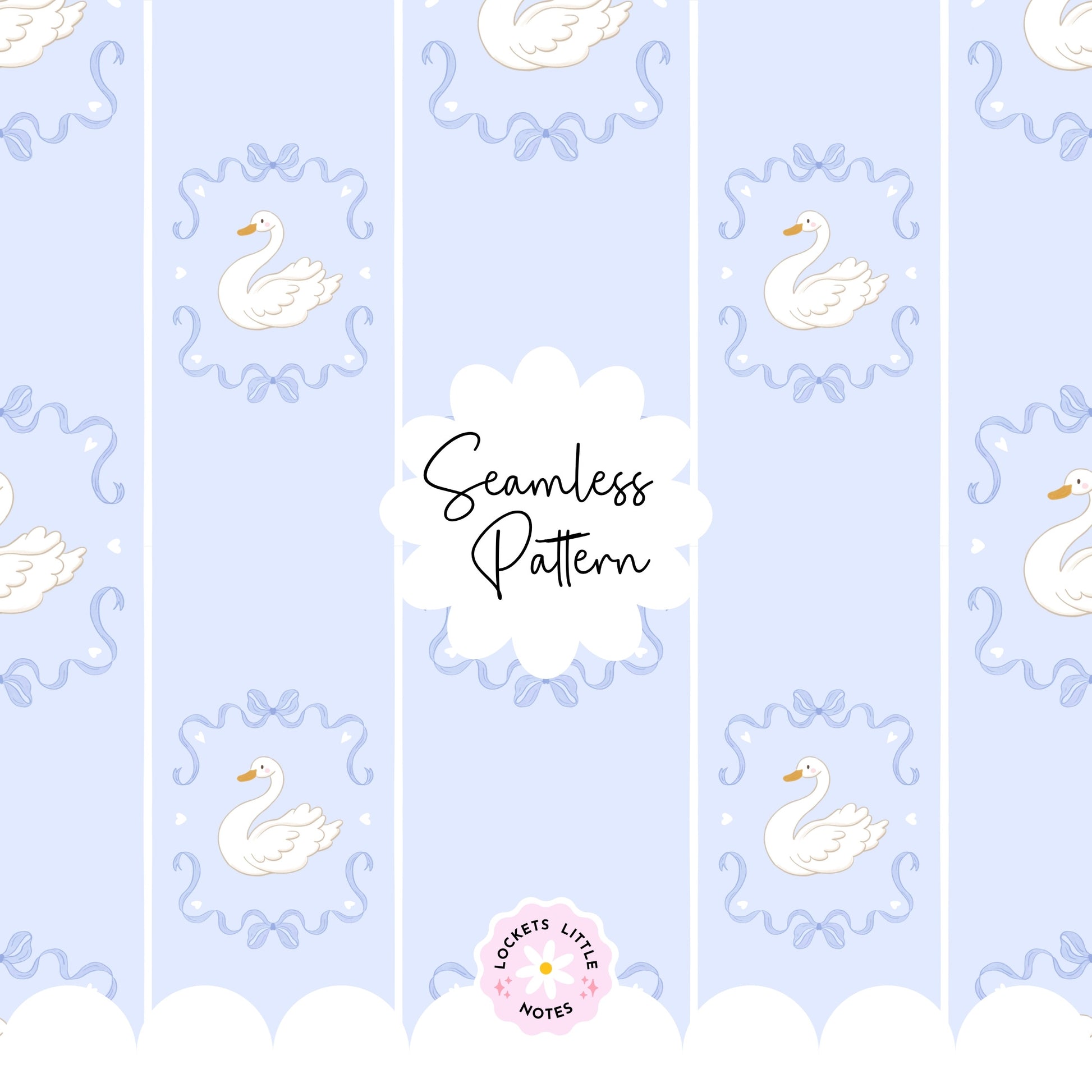 High-resolution seamless pattern featuring blue fairy tale bows and white swans on a light blue and white pinstripe background. Lockets Little Notes