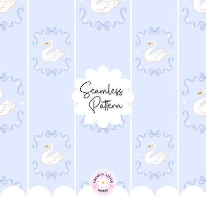 High-resolution seamless pattern featuring blue fairy tale bows and white swans on a light blue and white pinstripe background. Lockets Little Notes